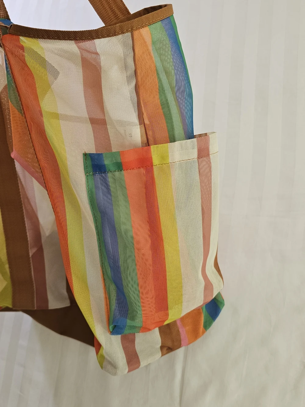 Striped Multicolor Beach Tote Bag with Brown Straps